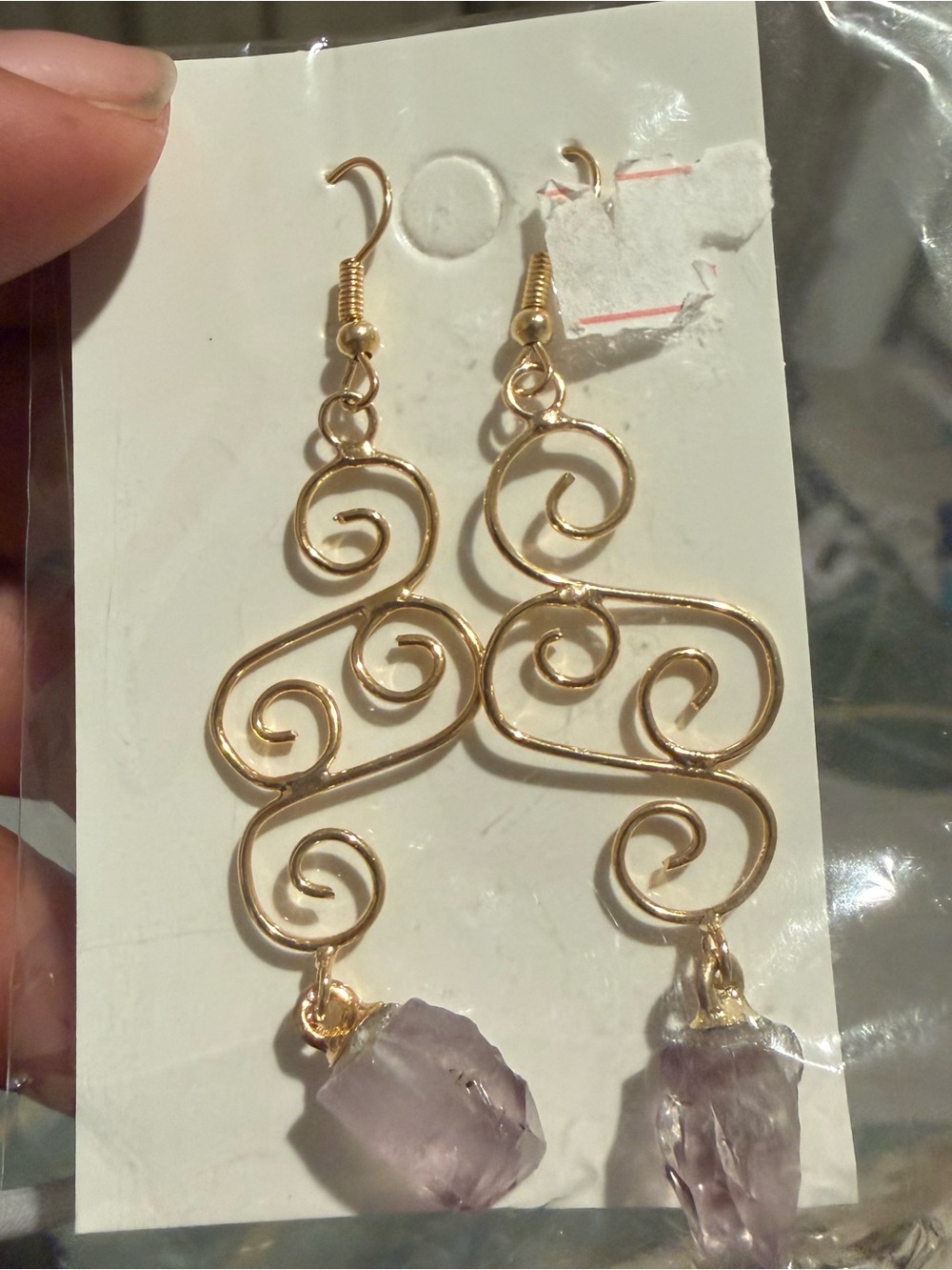 Gold Swirl Drop Earrings with Light Purple Amethyst Stone